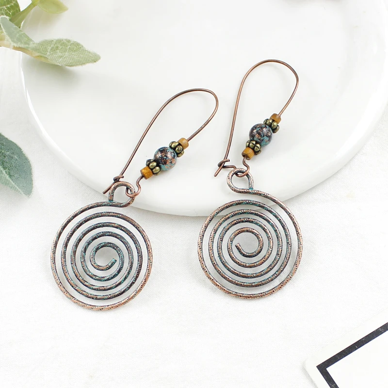 

Boho Ethnic Style Retro Bronze Alloy Circle Round Screw Rotate Dangle Drop Earrings For Women Pendent Jewelry Accessories