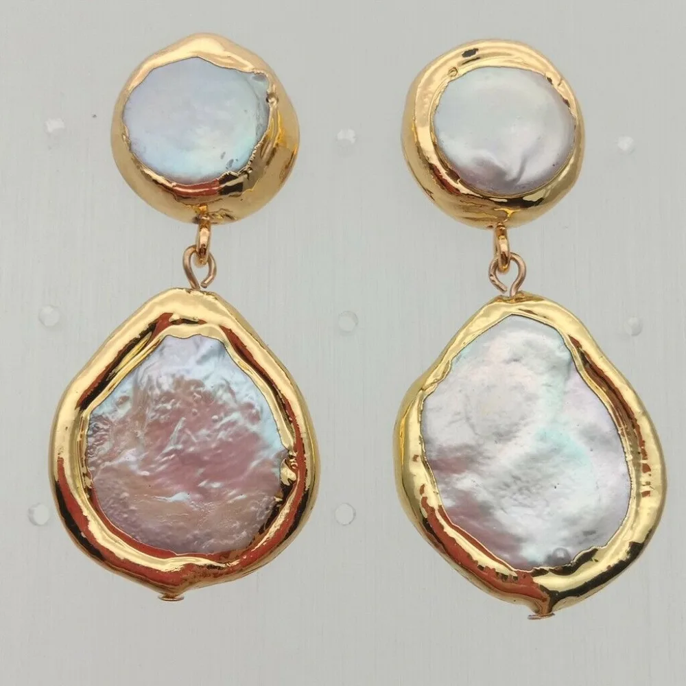 Kopen Geel Gouden Vergulde natuurlijke wit coin zoetwater parels Oorbellen