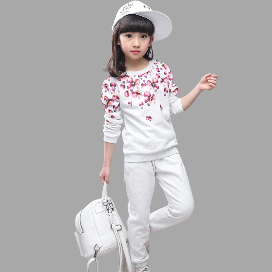 

Girls Sport Suit Autumn Spring Children Girls Clothes 100% Cotton Teenage Flower Printed Girls Clothes Set Age 10 12 14