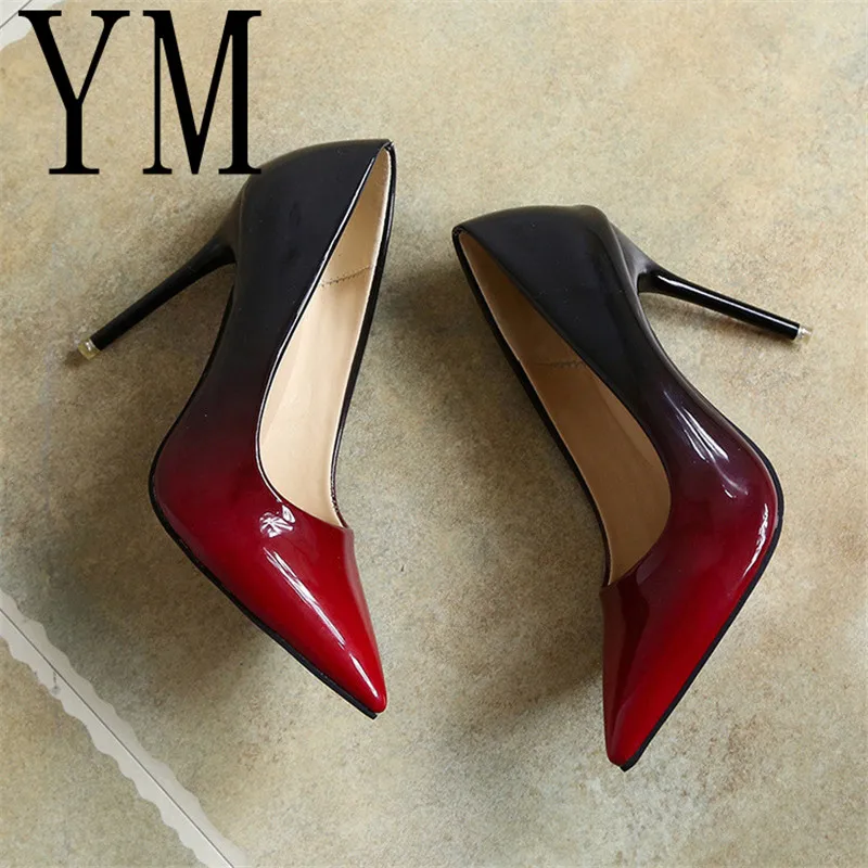 2018 Shadow Women Shoes Pointed Toe Pumps Patent Leather Dress Wine Red 10CM High Heels Boat Shoes Wedding Shoes Zapatos Mujer