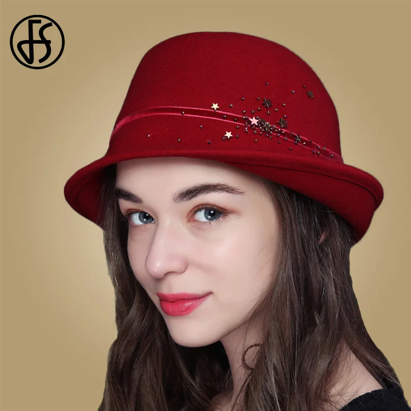 FS женские осенне-зимние фетровые шляпы из шерсти, женские шляпы с широкими полполями в стиле джаз, винтажные шапки, коричневые, темно-синие, красные, черные - Цвет: Red Wool Hat
