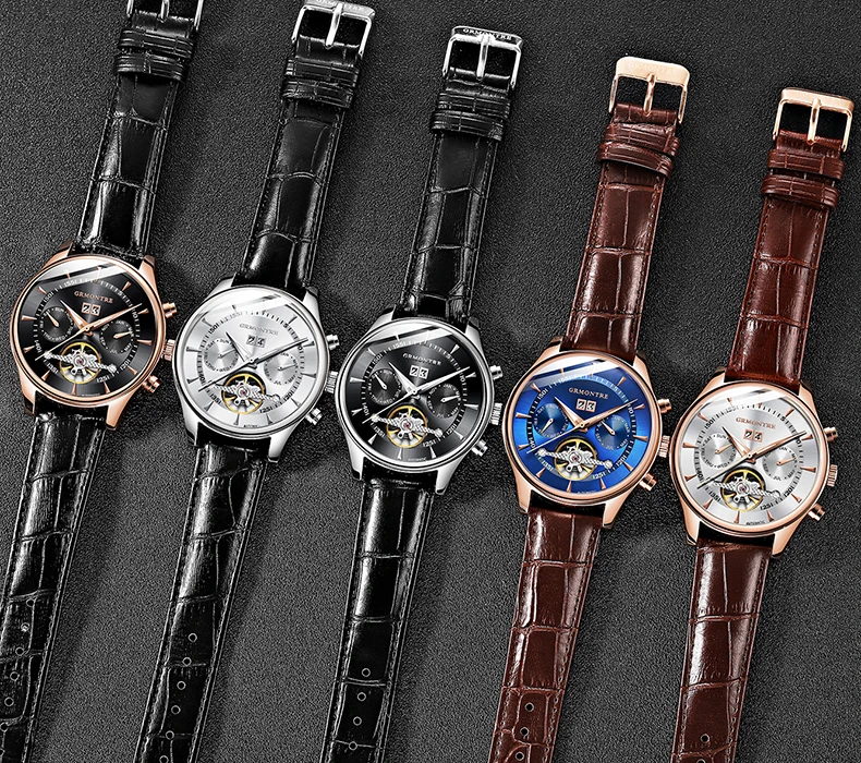 Skeleton Tourbillon Mechanical Watch Men Automatic Classic Rose Gold Leather Mechanical Wrist Watches Reloj Hombre Luxury