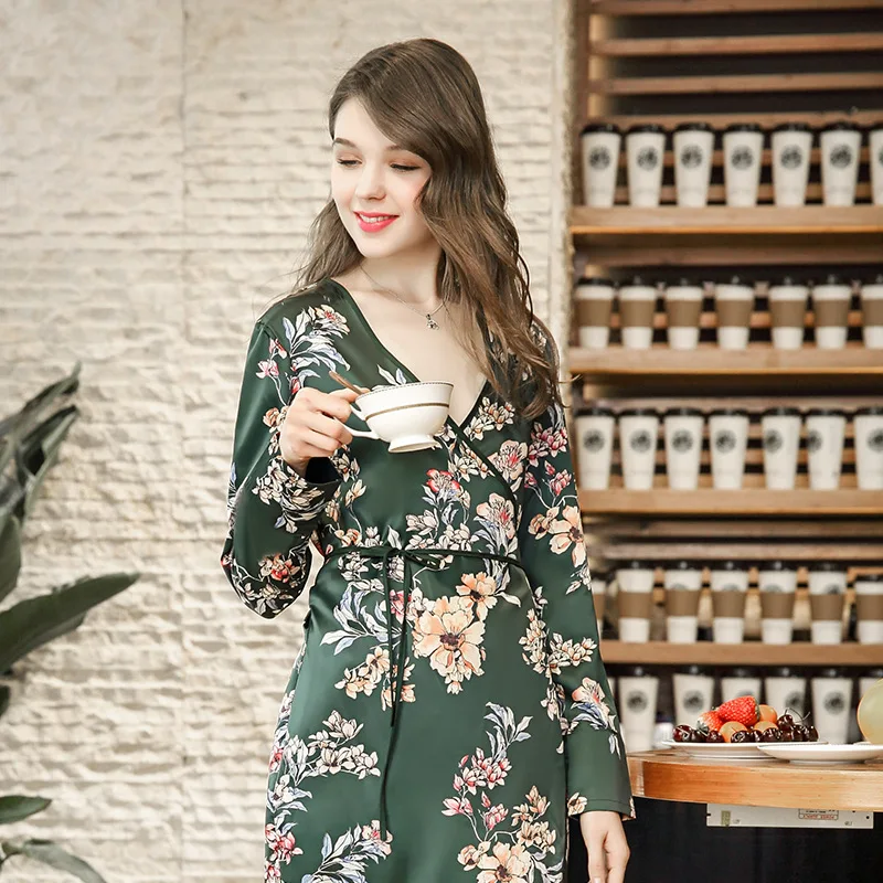 

BYSIFA Women Silk Robe Spring Autumn Design Femme Birde Long Chinese Silk Robe Bathrobe Elegant Dark green And Red Robes Printed