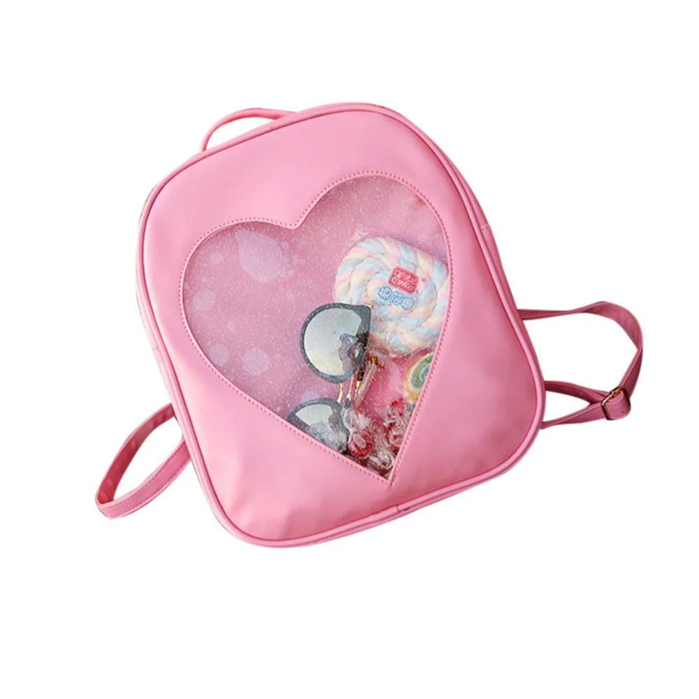 Candy Color PU Leather Ita Bag DIY Transparent Love Heart Shape Backpack Kawaii Harajuku Schoolbags For Teenage Girls#L10