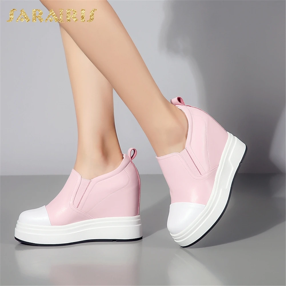

SARAIRIS 2018 Genuine Leather Elastic Band On Sale Increasing Heels Wholesale Platform Shoes Woman Vulcanize Shoes Female