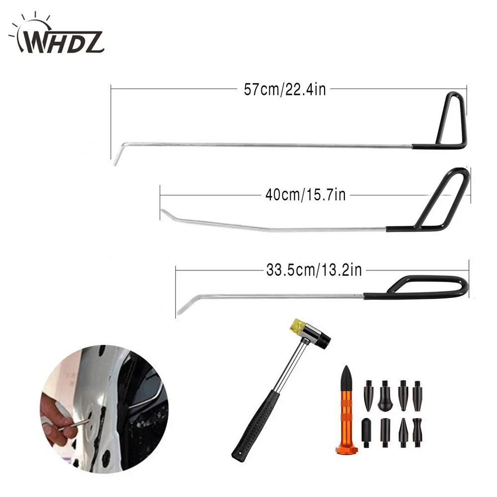 PDR Rod Tool Kit Set Door Ding Repair Hail Damage Repair with with 9 Heads Aluminum Tap Down Dent Hammer Paintless Dent Removal