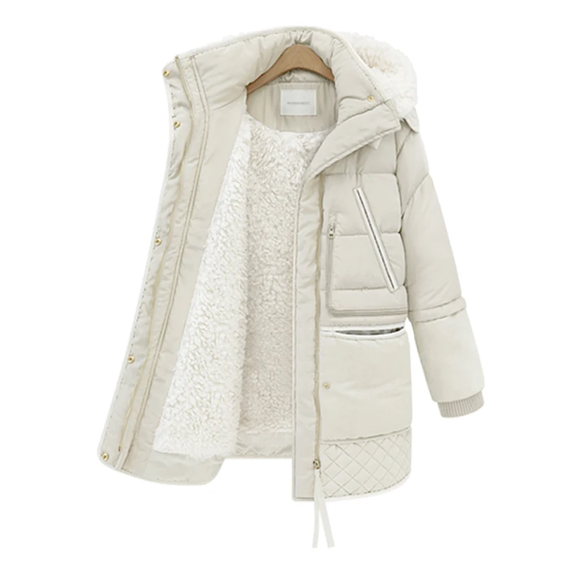 

Winter New Down Coat Women Thick Warm Down Parka lining thick fleece Hooded zipper Long Horn Button Snow Outwear