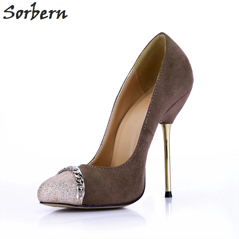 En Zapatos Tacón Café Alto coffee custom Bombas Remaches Sorbern Suede De Cadena Negro Mujer Color Gran Mujeres Faux Oro Tacones Deslizamiento Brillo Tamaño Metal SIPqnwE