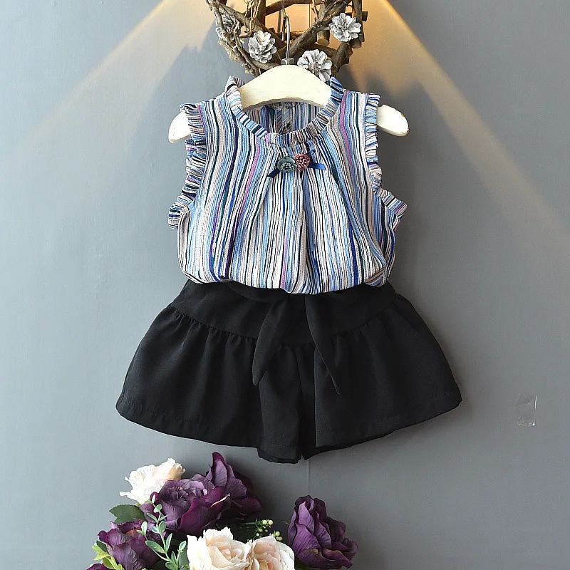 

2019 Children Clothing Bowknot High Quality Chiffon Jacquard Sleeveless Tops + Shorts 2PCS Baby Girls Clothing Sets Kids Suit