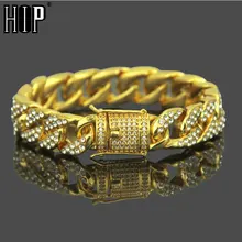 Хип-хоп Bling Iced Out застежки полный 3A кристалл проложить мужской Браслет Золото Серебро Цвет Майями кубинские звенья цепи браслеты мужские ювелирные изделия