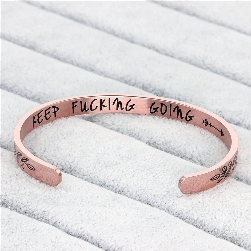 

2019 Hot Mantra Quote Keep Going Cuff Bracelets For Women Men Inspirational Encouragement Friend Fashion Stainless Steel Jewelry