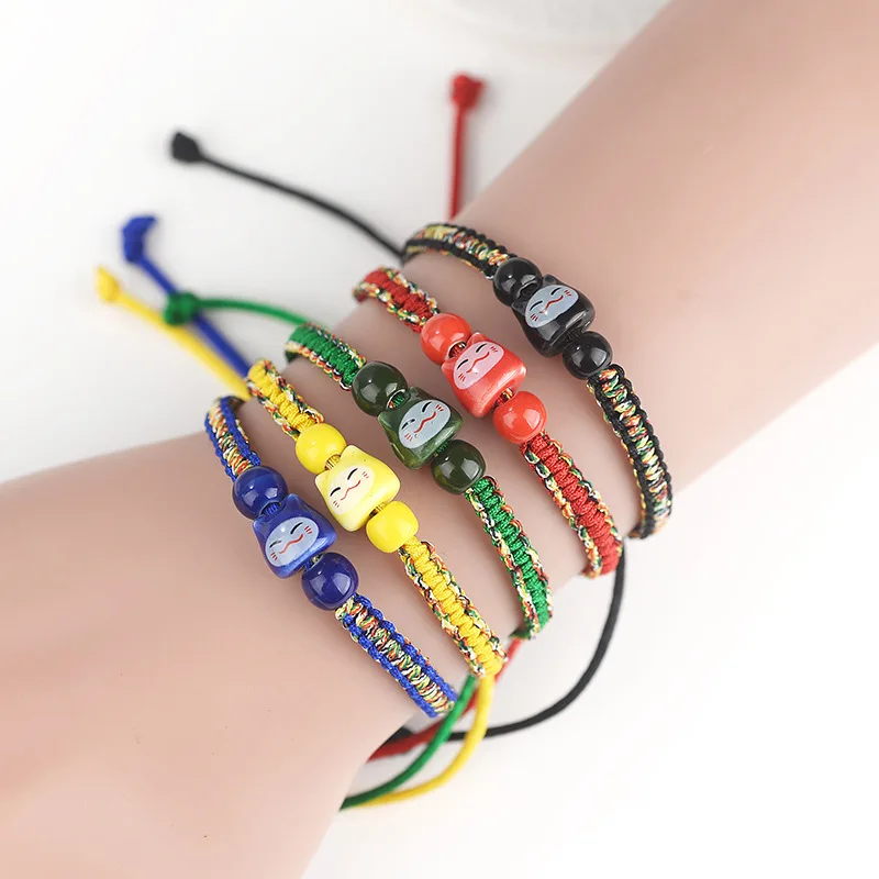

Cute Fashion Korean Jewelry Lucky Cat Wax Line Adjustable Braided Knot Rope Bracelet Bridesmaid Buddhist Tibetan Bracelet