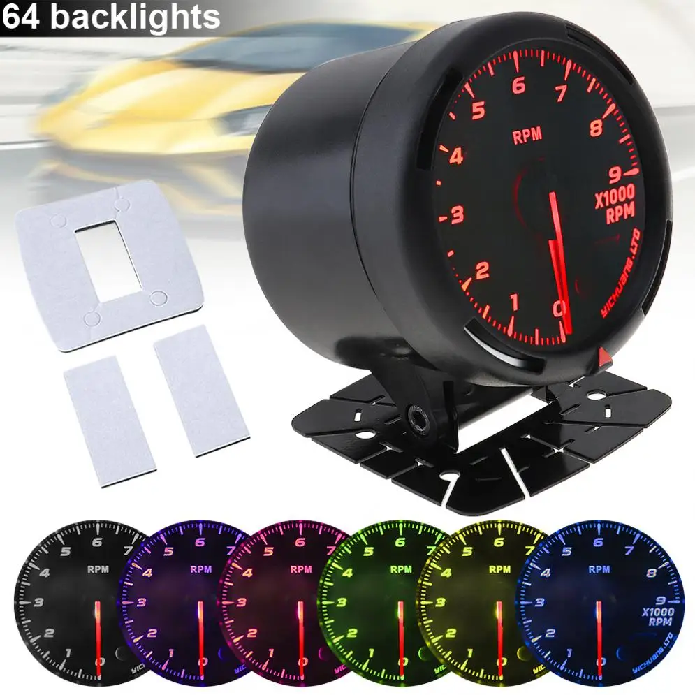 

60MM 12V Durable 9 x 1000 RAM 64 Backlights LED Electrical Car Tacho Gauge Meter Tachometer with Speed Sensor