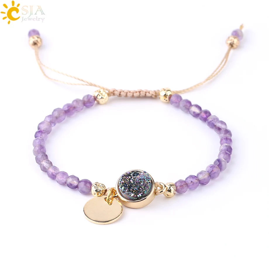 CSJA Bohemia мини браслет с натуральными камнями Фиолетовый Кристалл многогранный маленький бисер плетение Регулируемые браслеты для женщин F747 - Окраска металла: Round