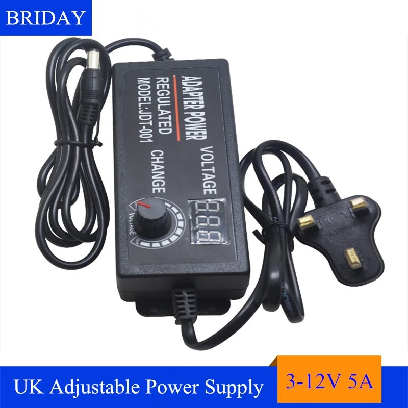AC110-240V Adjustable Power Supply for LED Strip Light DC3-12V 5A 60W Adapter 220V to 3-12V Driver Converter with UK Plug | Лампы и
