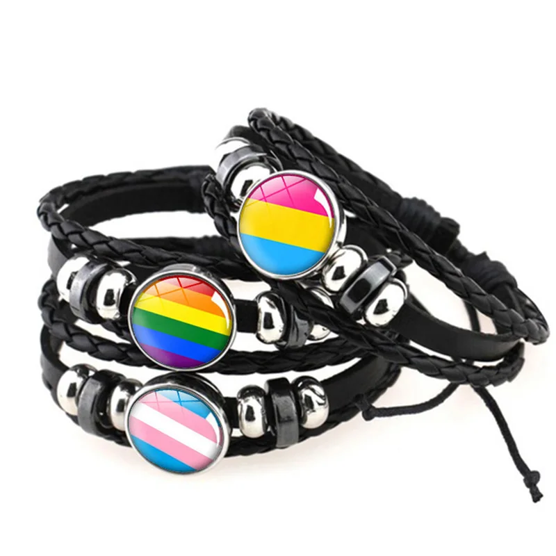 

20 Style Gay Pride Glass Buckle Charm Bracelet Rainbow Flag Gay Jewelry Handmade DIY Beaded Weave Black Leather LGBT Bracelet