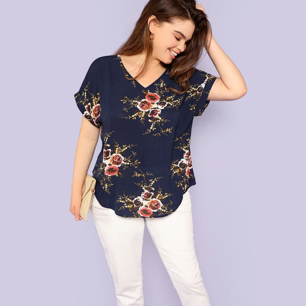 

Oversized T Shirt Woman New Clothes Fashion Women Plus Size V-Neck Short Cuffed Sleeve Floral Print Casual Top tee shirt femme