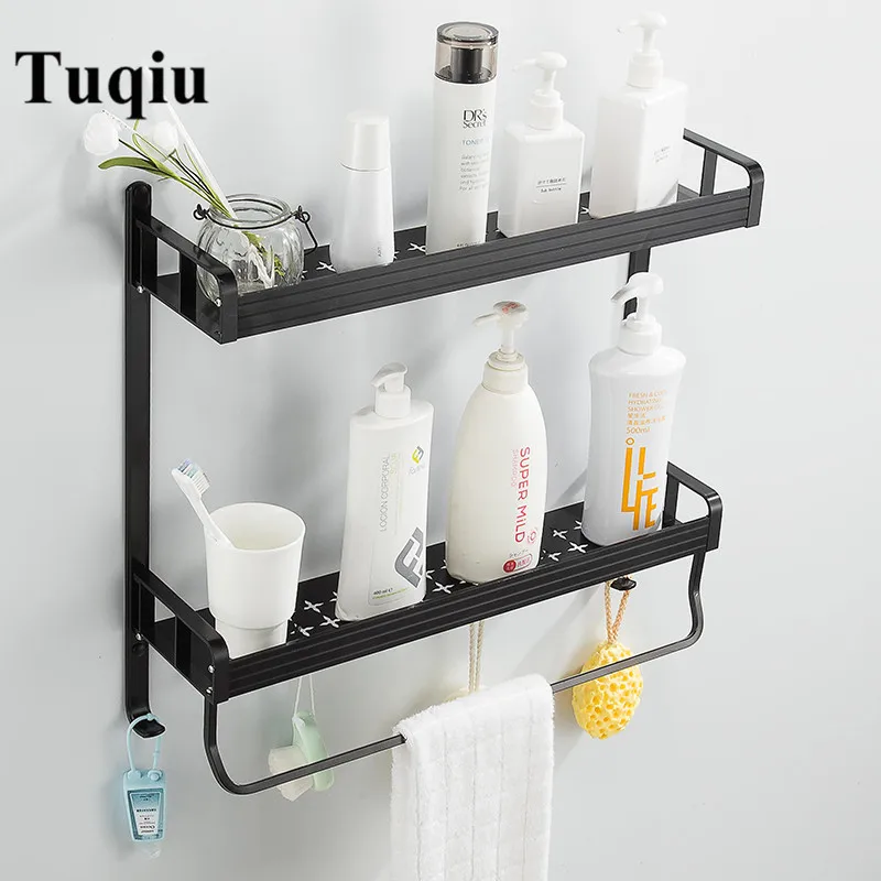 

Bathroom Shelves Nail Free Light Aluminum Corner Shelf with Towel Bar and Hooks Bathroom Storage Rack Easy to Install