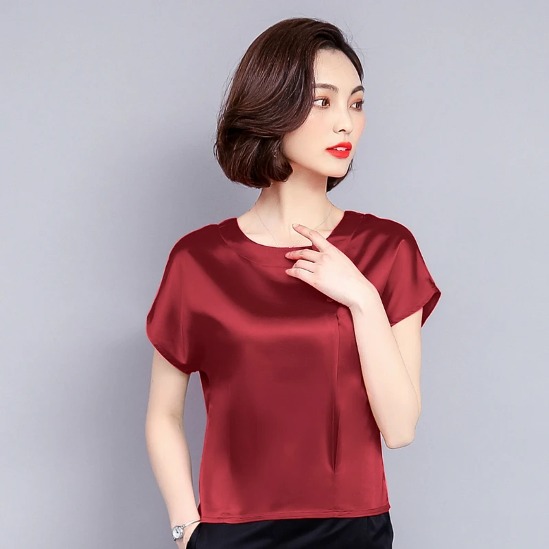 Новая модная летняя одежда женские топы однотонные свободные шелковые блузки с короткими рукавами Повседневные женские блузки с круглым вырезом рубашки - Цвет: Бургундия
