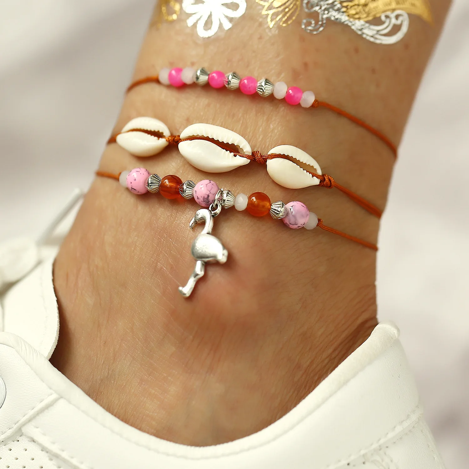 

3 Pcs/set Flamingo Pendant Shell Pink Beads Chain Adjustable Anklet for Women Vintage Creative Female Jewelry Ladies Accessories