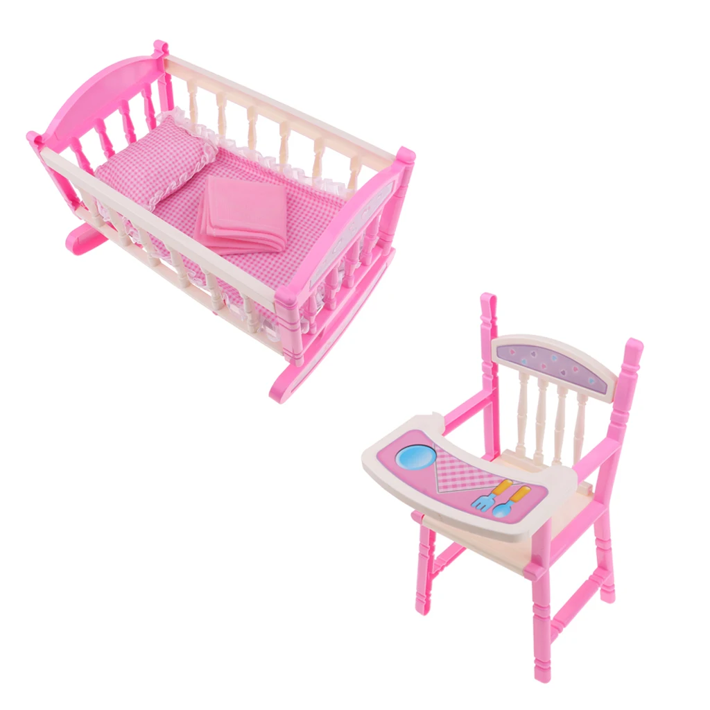 Realistic Baby Doll Bed Cradle Dining Chair Set for 9'-11' Reborn Doll Toy Dollhouse Accessories Pink