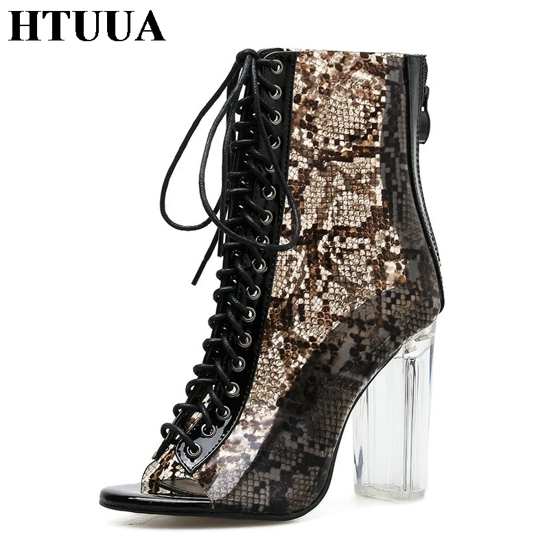 

HTUUA 2019 Cross-tied Peep Toe Boots Women Spring Summer Ankle Boots Serpentine PVC Clear Heel Sandals High Heels Bootie SX2189