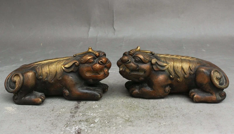 

5" Old China FengShui Bronze Gilt Auspicious Unicorn Pixiu Beast Statue Pair