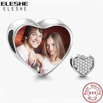 

ELESHE Customized Photo Charms Beads 925 Sterling Silver Crystal Heart Custom Lovers Pictures Memory Gifts Fashion Jewelry Gift