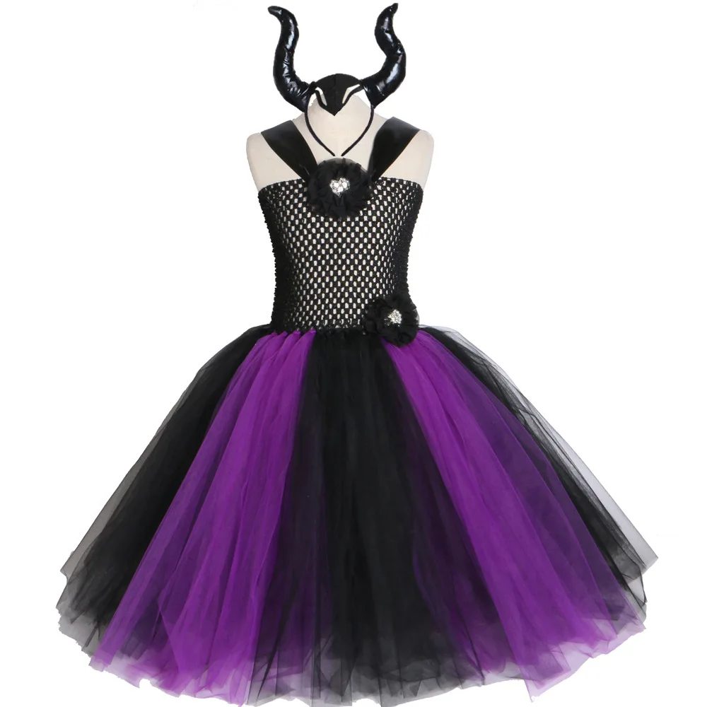 Maleficent/платье-пачка «злая королева» для девочек с рогами; Детский костюм ведьмы для костюмированной вечеринки; костюмы на Хеллоуин для девочек; Детские Вечерние платья; От 2 до 12 лет