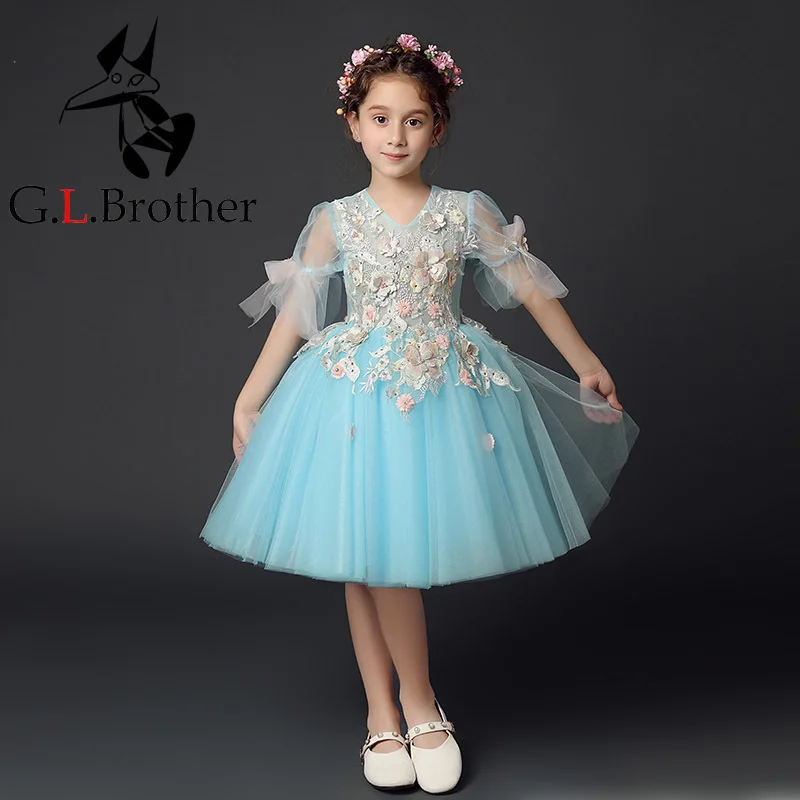 

New Appliques Kids Pageant Evening Gowns Ball Gown Flower Girl Dresses For Wedding First Communion Dresses For Girls S264