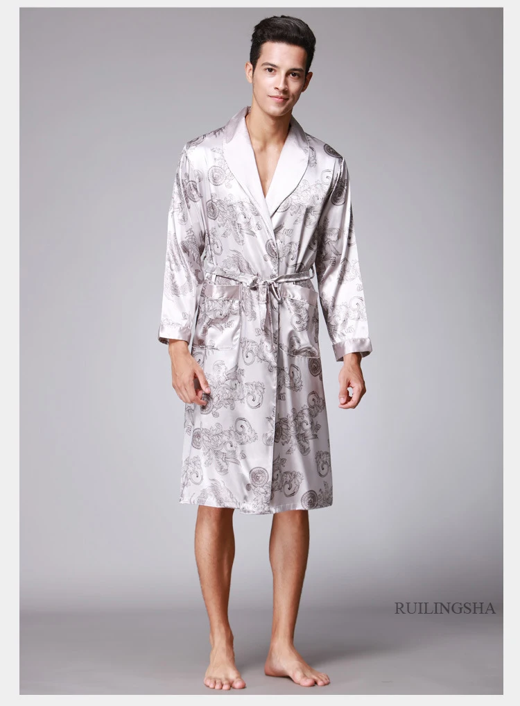 Мужское шелковое летнее и осеннее атласное кимоно халат длиной до колена с длинным рукавом золотой дракон черный банный халат одежда для сна