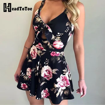 

Women Floral Print Sexy V-neck Playsuit Bowknot Front Rompers Ladies Sleeveless Strappy Summer Beach Jumpsuit Overalls