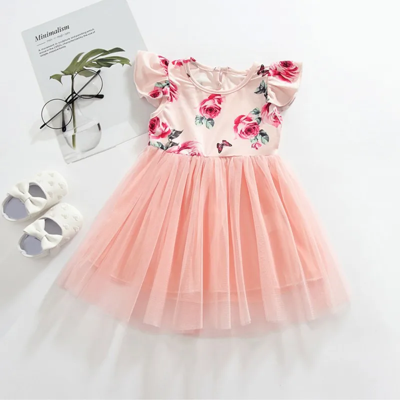 0-4T Summer Casual Sweet Baby Girls Clothes Floral Flare Sleeve Dress Mesh Design Kids Toddler Sundress Tutu Dress - Color: Pink