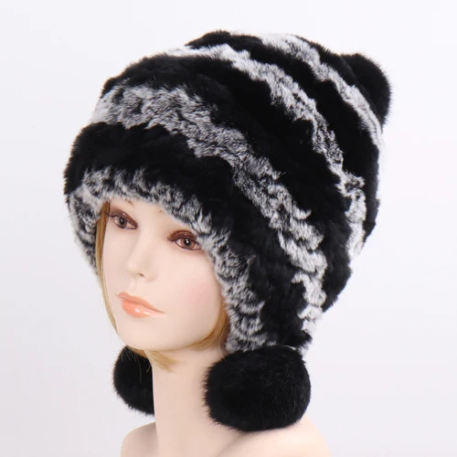 grey and black Женский Настоящий мех кролика шапка женская зимняя теплая Модная шапка из меха кролика рекс натуральный мягкий вязаный Настоящий мех кролика шапка s - Цвет: grey and black