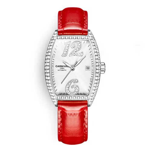Карнавальные швейцарские автоматические механические часы для женщин, роскошные Брендовые женские часы с кожаным ремешком, водонепроницаемые часы со стразами - Цвет: Silver red C8857