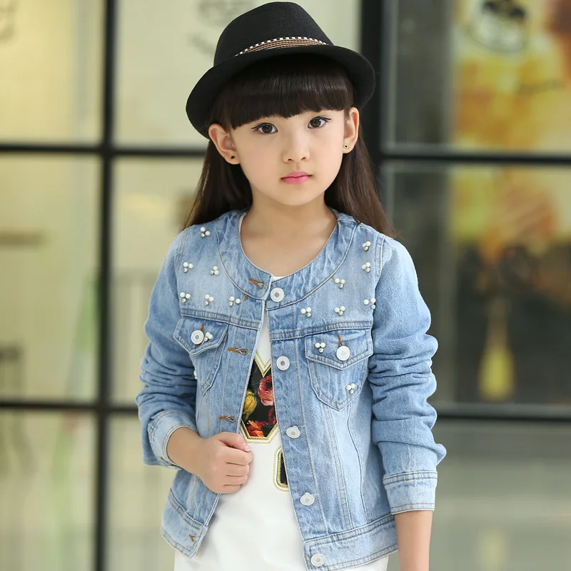 

Korean 2018 Spring Summer Girls Fashion Denim Jacket Kid Casual Short Style Round Collar Beading Long-Sleeve Outerwear Coat G580