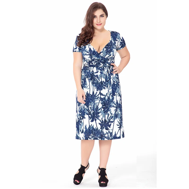 Plus Size Women Summer Dresses Knee Length Print Casual Short Sleeves