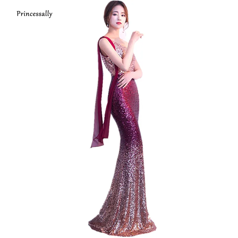 

New Sequin Long Mermaid Evening Dress One Shoulder Floor Length Vintage Color Fade Elegant Prom Trumpet Party Gown Robe Soire