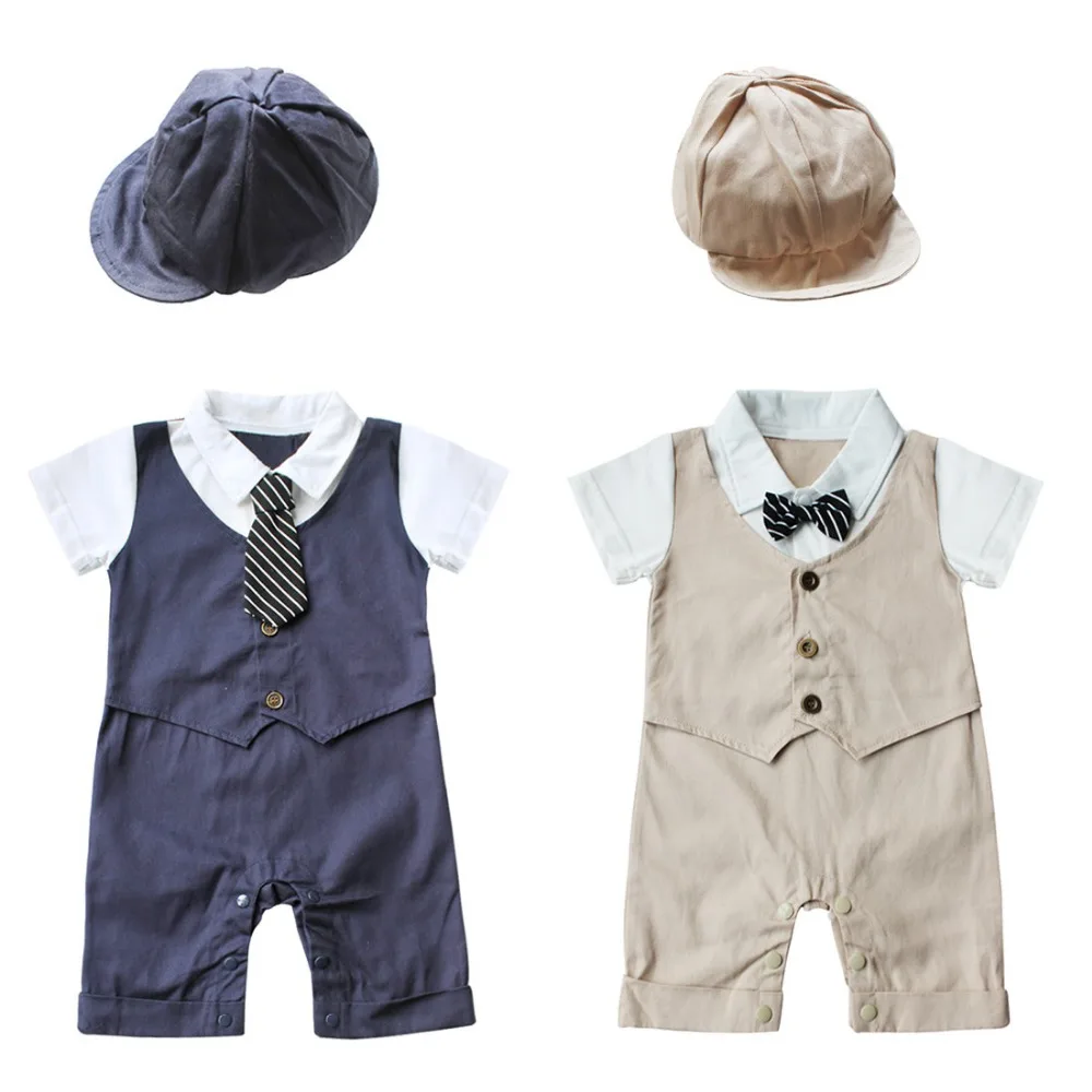 

Summer Newborns Infantil Baby Boys Gentleman Rompers Sets Cotton 1st Birthday Party Christmas Short Jumpsuit+Hat Outfit Clothes
