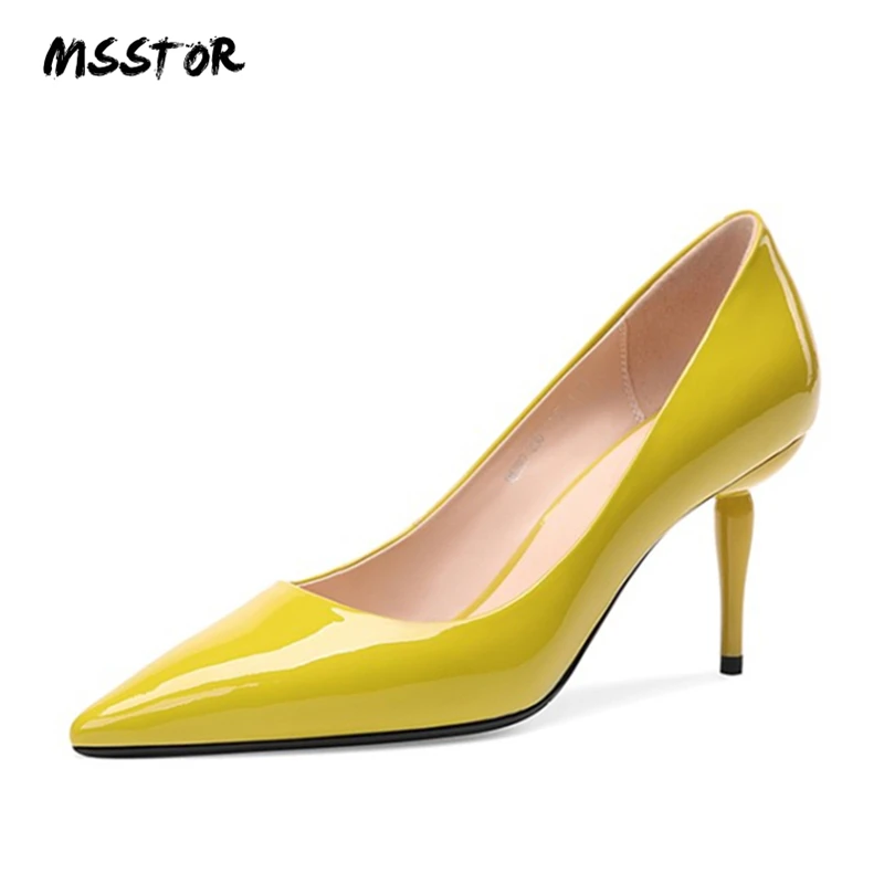 

MSSTOR Genuine Leather High Heels Shoes Pointed Toe Shallow Autumn Spring Concise Sexy Yellow Heels Strange Style Ladies Pumps