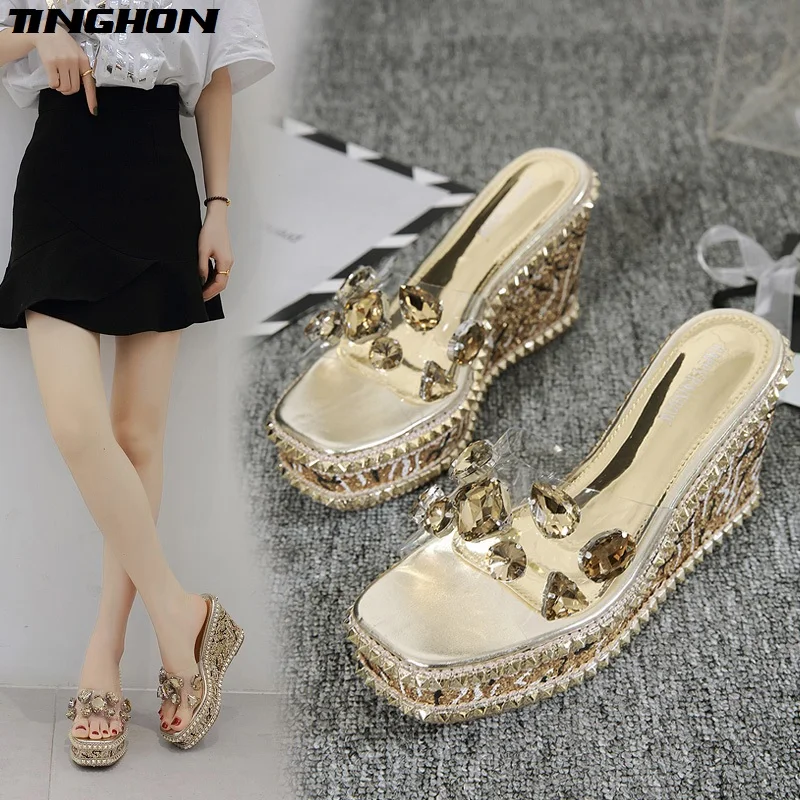 

TINGHON Summer luxurious Rivets Rhinestone Wedge Slippers Platform High Heels Women Outside Shoes Wedge Slipper slides Sandals