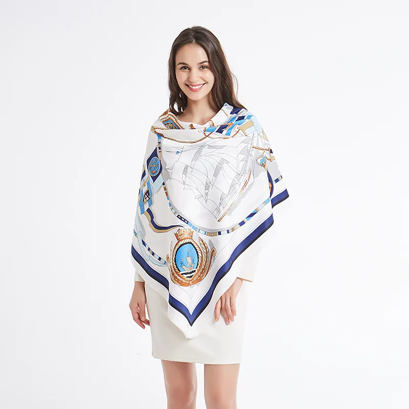 

2019 Twill Silk Scarf Female Voyage Sailing Large Square Scarf 130cm Seaside Holiday Sunscreen Shawl Scarf ZX-XW130YHH1-5