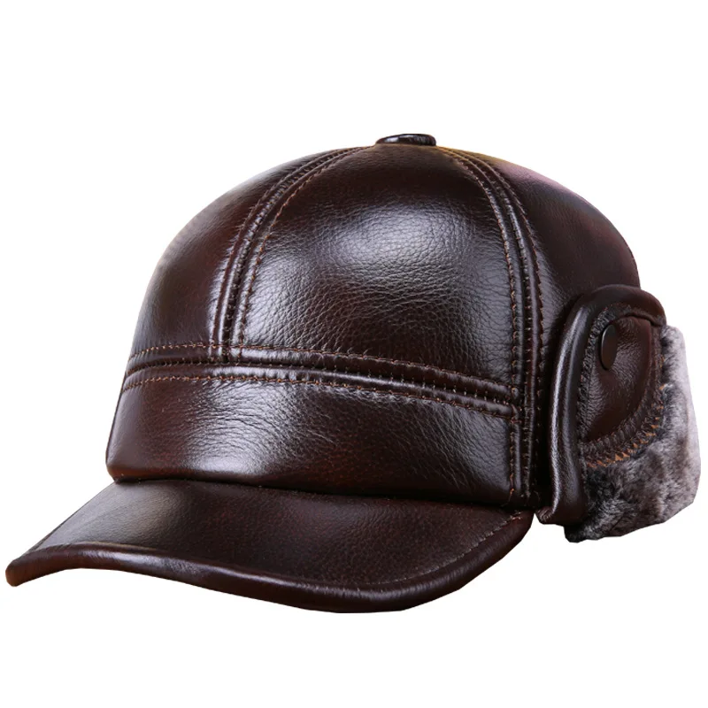 Preise Männer Baseball Kappe Herbst und Winter Hohe Qualität Rindsleder Hut Ältere Warme Ältere Ohrenschützer Casual Leder Warme Kappe B 7257