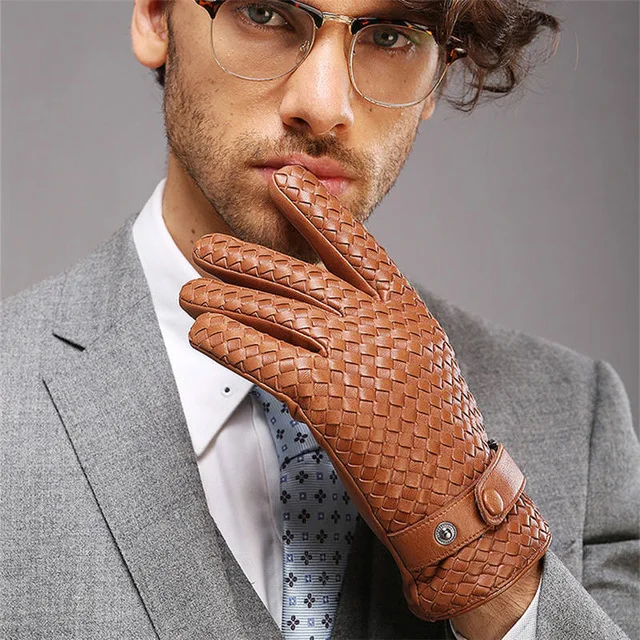 Новые высококачественные плетеные мужские перчатки из натуральной кожи, Модные прочные наручные перчатки из овчины, мужские зимние теплые M025NN-9 для вождения - Цвет: tea