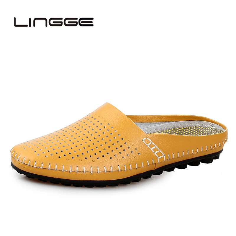 

LINGGE Handmade Split Leather Men Slippers Summer Half Drag Loafers Hollow Out Beach Shoes Male Slides Flats Soft Lazy Shoes