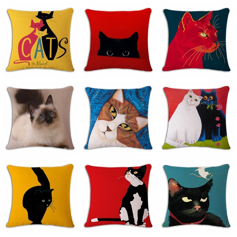 

Red Cat Yellow Black Cushion Cover Woven Linen Family Affection Sofa Family Home Decorative Throw Pillow Case Housse De Coussin