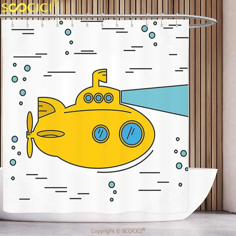 

Unique Shower Curtain Yellow Submarine Ocean Nautical Adventure Underwater with Bubbles Porthole Cartoon Kids White Yellow Blue