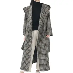 Элегантный черный хаки плед Для женщин шерсть красный зеленый бежевый пальто Тренч Зима теплая 2018 женский Xlong пальто корейский пальто