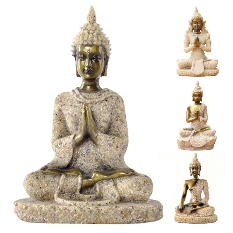 

Natural Sandstone Seated Thailand Buddha Statue Sculpture Resin Craft Fengshui Luck Hand Carved Figurine Home Decoration A50