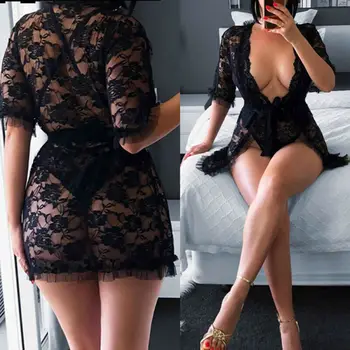 

Women's Eyelash Lace Floral Babydoll Lingerie Mesh Nightwear Set Sheer Bandage Closed Nightgown Mesh Tops Bikini Cover Up 2019